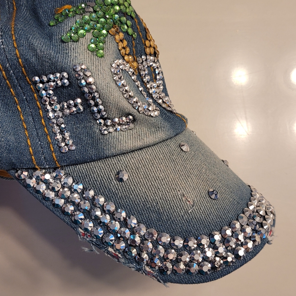 Florida Palm Trees Bedazzled Vintage Look Denim Asjustable Adult Ball Cap - Picture 12 of 13